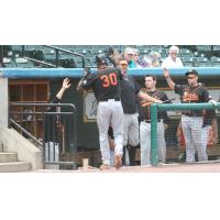 Long Island Ducks welcome David Washington to the dugout following his homer