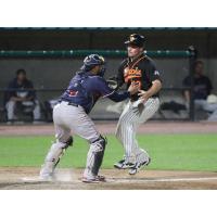 Somerset Patriots catcher Yovan Gonzalez stops the Long Island Ducks