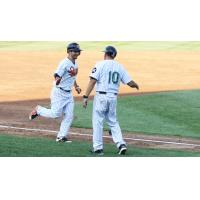 Dan Lyons of the Long Island Ducks receives a high five while rounding third