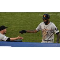 David Washington receives a high five from a Long Island Ducks teammate