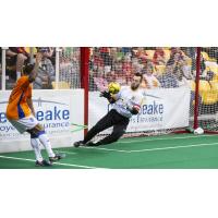 Baltimore Blast goalkeeper William Vanzela makes a save against the Mississauga Metrostars